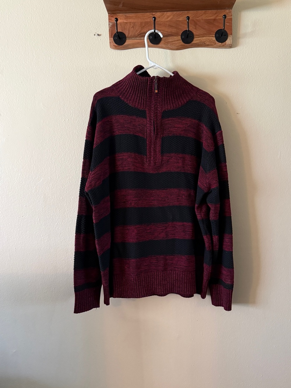 Pronti Men’s Burgundy Black Striped Quarter Zip Mock Neck Sweater size 2XL